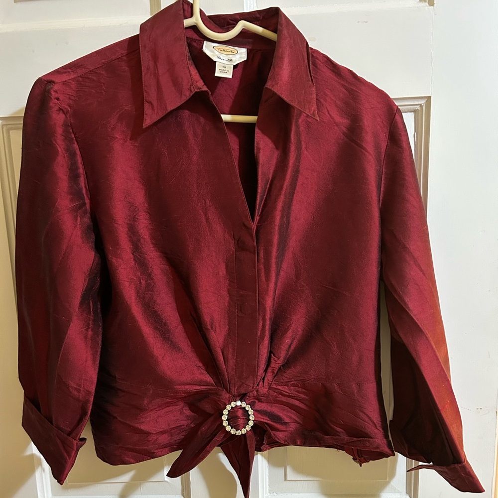 Vintage Talbots 100% silk Burgundy Blouse with Rhinestone buckle and side zipper